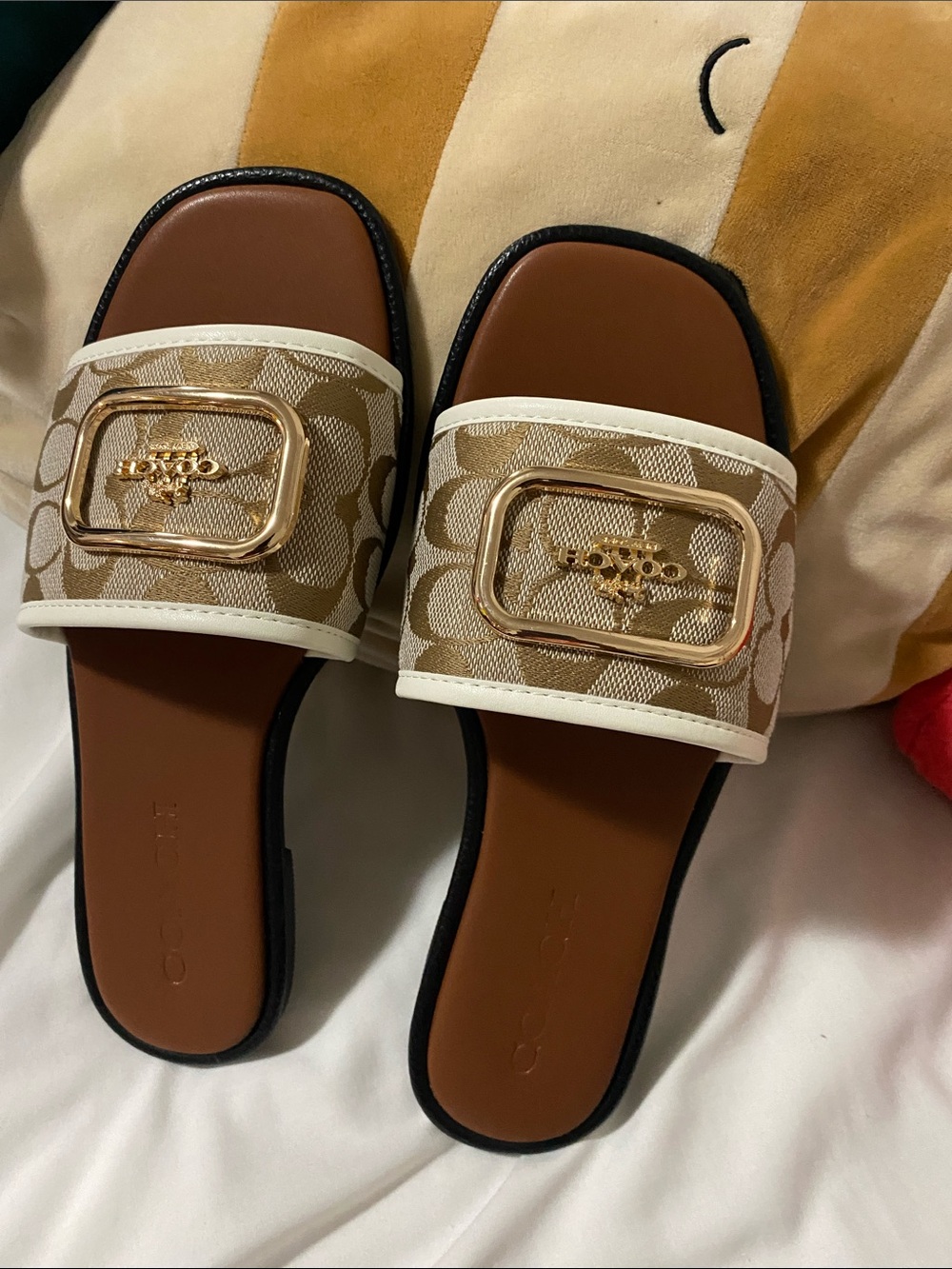 Coach Khaki & White Signature Jacquard Slide Sandals with Gold Buckle